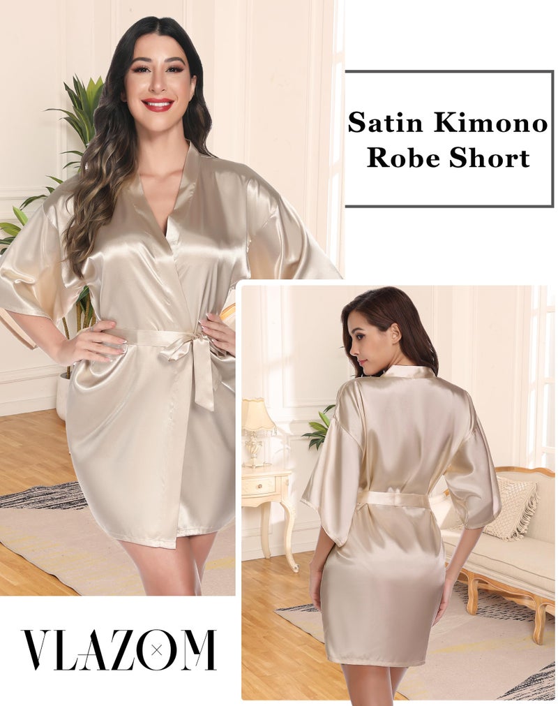 Vlazom Women's Kimono Robes Short Satin Bathrobe Solid Bridal Party Robe with Oblique V-Neck - Image 2